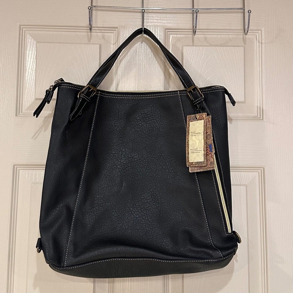 Brenice Black Faux Leather Tote Bag Contrast Stitching Shoulder Bag NWT